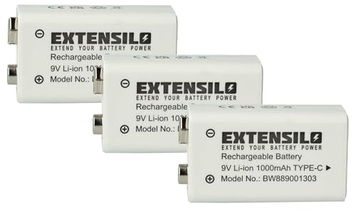 EXTENSILO 3X 9V-Akku Block für Diverse Geräte (1 Ah, 9 V, Li-Ion) | ready-to-use, mit USB-C Buchse