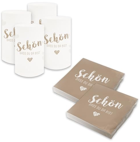 itenga Tischdeko Set - Servietten Schön dass du da bist 30 x 30cm 3-lagig 40 Stück und 6 Windlichter für Kommunion Konfirmation Hochzeit Taufe und andere Feiern (latte macchiato)