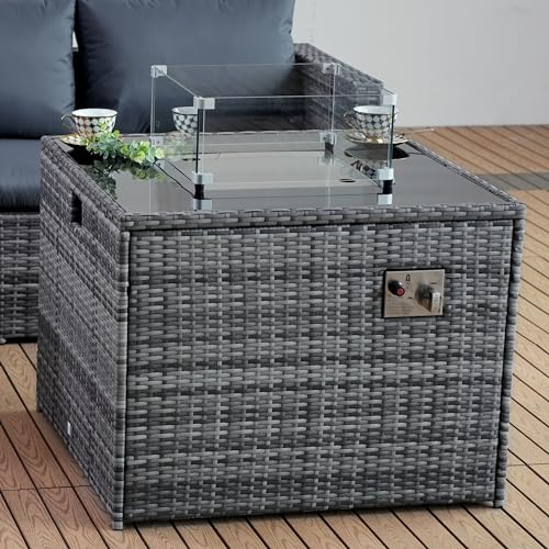 Rattan Gas Fire Pit Table with Lava Stones, Removeable Wind Guard & Lid Cover - Outdoor Coffee Table Top Fire Pit for Garden, Patio, Conservatory - RAIN COVER INCLUDED (Dark Grey)