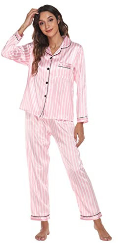 Pyjama en soie pour femme à manches longues | Ensemble de pyjama en satin rose doux boutonné de couleur unie vêtement de nuit de détente confortable vêtement de nuit élégant chemise de nuit légère,