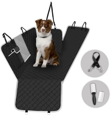 Funda Coche Perro Impermeable | Antideslizante y Lavable a Máquina | Incluye Cinturón y 2 Rollo Quitapelos | Cubre Asientos Ajustable para Perros en Asiento Trasero