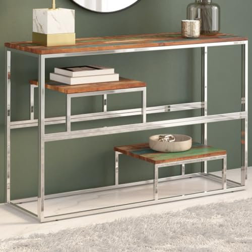 Iiaky Table Console argenté INOX et Bois de récupération Massif,Table Console,Table Console Entree,Table D’Appoint