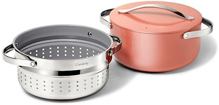Caraway Antihaft-Keramik-Topf mit Deckel und Dampfgarer (6,5 qt, 26,7 cm) – ungiftig, PTFE- und PFOA-frei – ofenfest und kompatibel mit allen Herdarten (Gas, Elektro und Induktion) – Perracotta