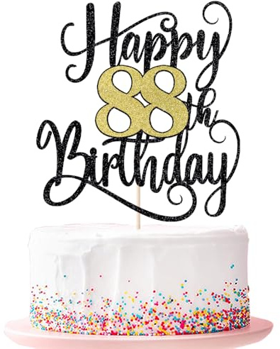 happy 88th birthday cake topper， 88 birthday party cake decorations (Black and gold flashes, 88th)