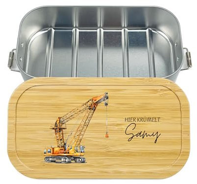 Personalisierte Brotdose für Kinder mit Bambusdeckel - Bagger Motive Kinder - Robuste und Individuelle Brotdose personalisiert - Personalisierte Kinder Geschenke - 700ml - FeierZwerge (Kran)