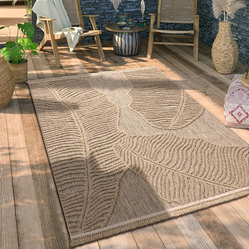 Paco Home Hochwertiger Outdoor Teppich Wetterfest & Pflegeleicht Jute-Sisal-Optik mit Fransen & Hoch-Tief-Effekt Langlebig für Terrasse, Balkon, Garten & Küche, Grösse:200x280 cm