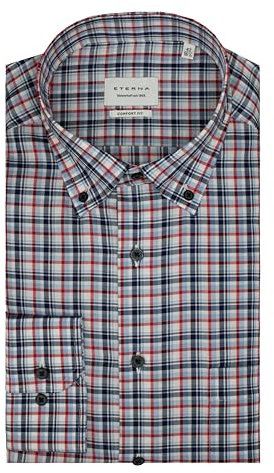 ETERNA Herren Langarm Hemd Comfort Fit | Karo Rot-Blau | Bügelfrei, Knitterfrei, 100% Baumwolle | Button-Down Kragen Gr. 43