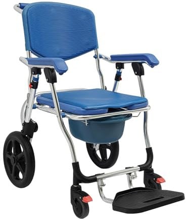 HuKaiL Toilettenstuhl mit Rollen, Fahrbar Toilettenhocker Erwachsene mit Eingebettet Toiletteneimer und Einstellbarer Armlehnen, Duschstuhl Nachtstuhl 125Kg Tragkraft für Patienten Senioren Behinderte