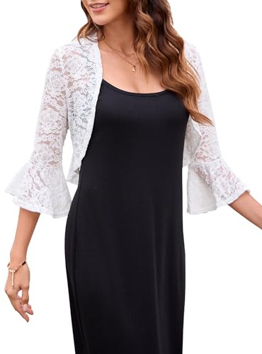 Boléro en dentelle pour femme - Cardigan festif élégant - Veste à épaules ouvertes - Manches 3/4 - Haut court pour robes de soirée, vêtements de fête, mariage