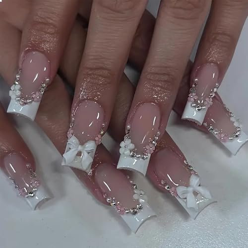 GlamRays Square Press on Nails Long Length French Tip Nails Press on Nails mit Strass und Schleifendesign Acryl Falschfingernägeln 24 Stück