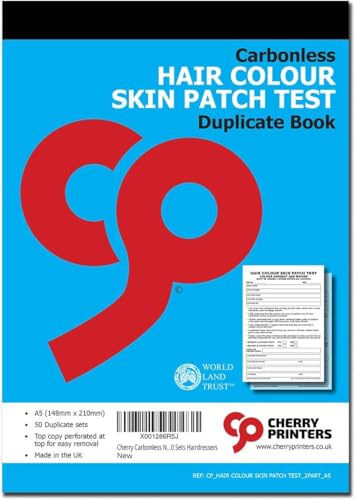 Cherry Hair Colour Skin Patch Test Duplicate Book | A5 (148mm x 210mm) | 50 Duplicate Sets | Carbonless | Top Copy Perforated | Hair Dye Allergy Test Record Book | Made in The UK **6 Pack**
