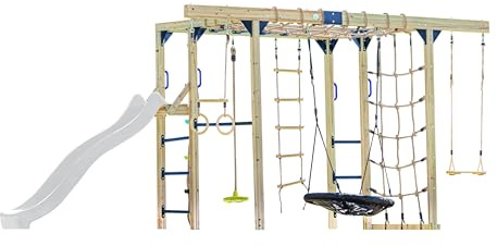 AXI Boris Klettergerüst aus Holz in Braun mit Weißer Rutsche | Spielturm für Kinder mit Schaukel, Trapez, Leiter, Kletternetz, Nestschaukel & Hangelstangen, FSC Holz