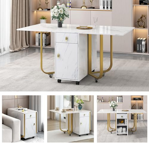 Merax Folding Dining table 43-150x80x76cm, Extendable Kitchen Table with cupboard and 2 drawers, marble Dining Table with Locking Wheels, for Home & Office, white/gold