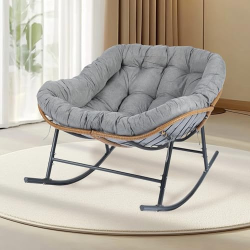 SJGUOJI Rocking Chairs, Outdoor Rattan Rocking Chair, Patio Comfy Reading Chair with Oversized Cushion, Modern Lounge Rocker, Indoor Recliner Wide Chairs for Balcony, Garden, Living Room Grey