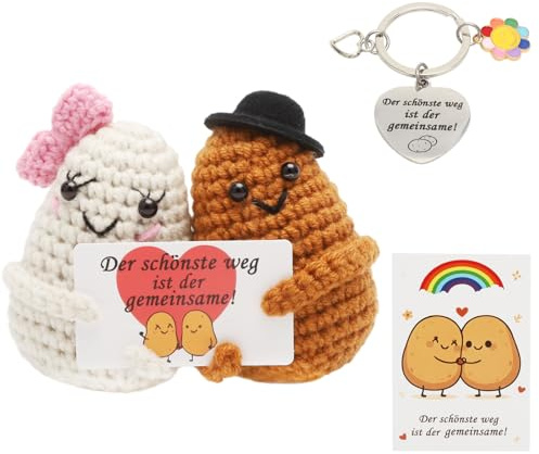 Positive Kartoffel Paar Geschenke,Kreative Handgemachte Strickwolle Potato Puppe mit Karte & Schlüsselanhänger –für Frauen Paare Ehefrau Hochzeitsgeschenk Valentinstag Jahrestag Partner Geschenk