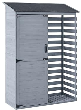 Outdoor Garden Storage Shed Fir Wood Asphalt Roof with Shelves and Catch-Locked Doors Grey Cengio