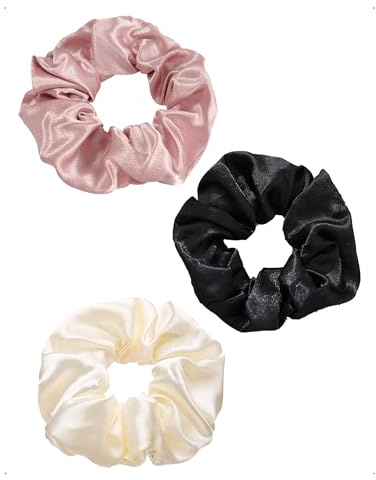 SanKristo Lot de 3 Chouchous Cheveux en Satin Gros Elastique Cheveux Doux Sans Dommage Chouchous Luxueux Élégant Rétro Accessoire Sleepy Hair Tie Cadeau pour Queues de Cheval Fille, Blanc/Noir/Rose