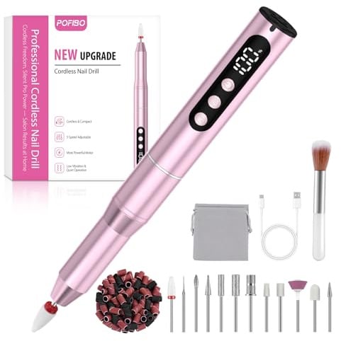 POFIBO Torno para Uñas Profesional 35000 RPM USB, Set de Manicura 12 en 1 | Lima electrica uñas Nail Drill recargable, portátil y silencioso para salón, hogar, gel y uñas acrílicas (Rosa)