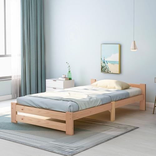 BXEYXE Solide Massivholzbett Futonbett Massivholz Natur Bett aus mit Kopfteil und Lattenrost, Natur (200x90cm)