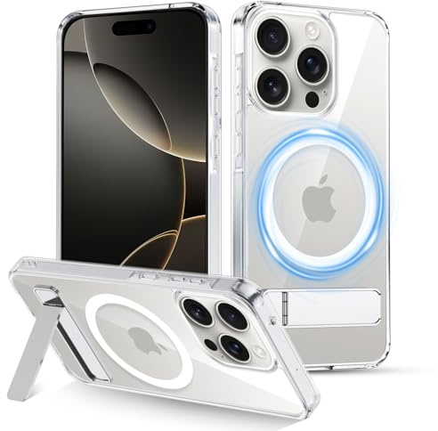 XTCASE Magnetic Phone Case for iPhone 16 Pro, Compatible with Magsafe, Clear PC Cover with Metal Kickstand, Shockproof Anti-Scratch Hard Case, Transparent