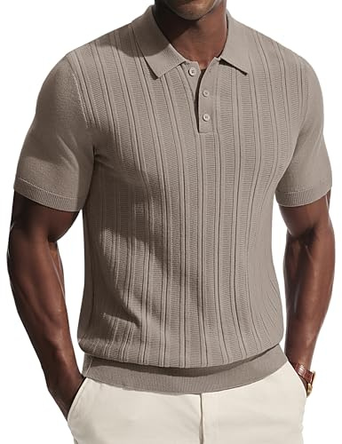 PJ PAUL JONES Polo Shirts for Men UK Short Sleeve with Buttons Knitted Polo Casual Tshirt Khaki L