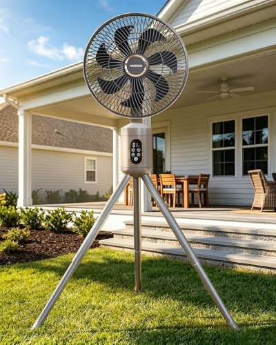Außenventilatoren für Terrassen, kabelloser Außenventilator mit Licht und Fernbedienung, Sockel zum Aufhängen und Aufhängen, batteriebetriebener, wiederaufladbarer Ventilator, 30,5 cm oszillierender