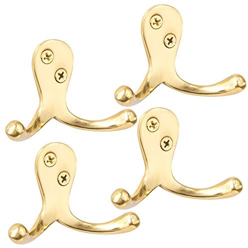 4X Solid Brass Double Coat Hooks - Perfect for Hanging Robes, Coats, Hats, Bags