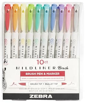 Zebra Pen Mildliner Highlighter Doppelendiger Pinsel und feine Spitze, verschiedene Farben, 10 Stück
