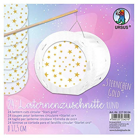 Ursus 2270004 - Laternenzuschnitte, Sternchen in gold und weiß, Durchmesser von ca. 17,5 cm, 24 runde Zuschnitte aus Transparentpapier 115 g/qm, einseitig bedruckt, ideal für den nächsten Laternenlauf
