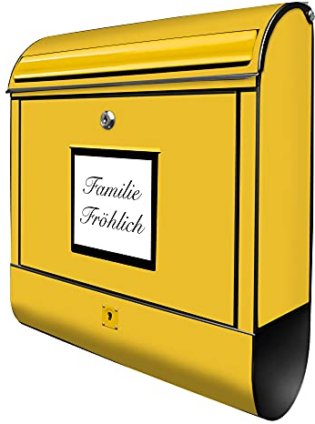 banjado® Design Briefkasten personalisiert Briefkasten Gelb 38,5x46,5x13cm & 2 Schlüssel - Briefkasten Stahl schwarz Zeitungsfach pulverbeschichtet - Postkasten A4 Einwurf inkl. Montagematerial