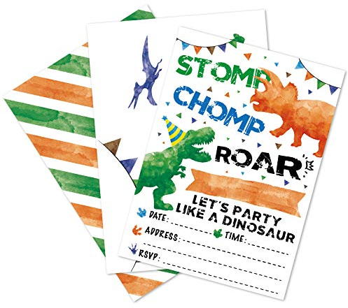 WERNNSAI Dinosaurier Party Einladungskarten - 20 Sets Einladungen mit Umschlägen Dinosaurier-Partyzubehör für Jungen Geburtstagseinladungen Beidseitig Bedruckte Umweltfreundliche Aquarell Karten