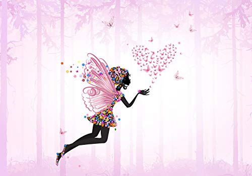 wandmotiv24 Fototapete Elfe Herz Wald rosa, XL 350 x 245 cm - 7 Teile, Wanddeko, Wandbild, Wandtapete, Elfen Fee Bäume M6597