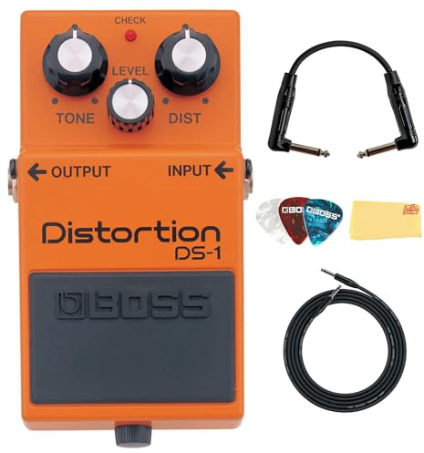 Boss DS-1 Distortion Bundle with Gearlux Instrument Cable, Patch Cable, Picks, and Austin Bazaar Polishing Cloth