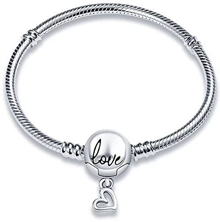 MariaFonte Bracciale Semi-Rigido in argento Sterling con chiusura a clip sferica iscrizione Love e cuoricino (Lunghezza 19 cm)