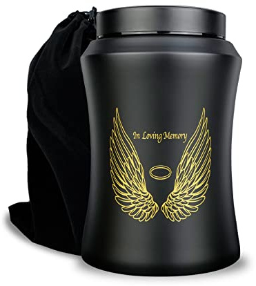 Grande urne funéraire pour Cendres humaines Adultes, jusqu'à 100 kg, Motif Ailes d'ange et Texte «in Loving Memory», décoration funéraire pour Homme ou Femme, avec Sac en Velours, Noir