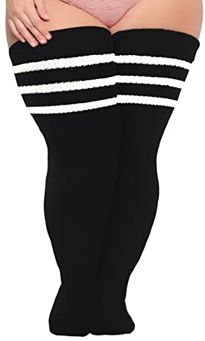 Moon Wood Womens Thigh High Socks Plus Size Extra Long Striped Thick Over the Knee Socks Leg Warmer Boot Stockings Black & White