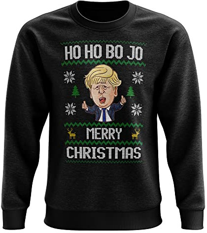 Purple Print House Ho Ho Bo Jo Boris Johnson Funny Christmas Sweatshirt, Novelty Christmas Jumpers for Men, Tories Unisex Office Party Tee Top Novelty TV Xmas Gifts, L, Black