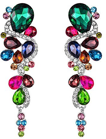 Clearine Clip-On Bohemian Boho Multiple Teardrop Crystal Chandelier Long Dangle Earrings Wedding Jewellery for Brides Multicolour Silver-Tone