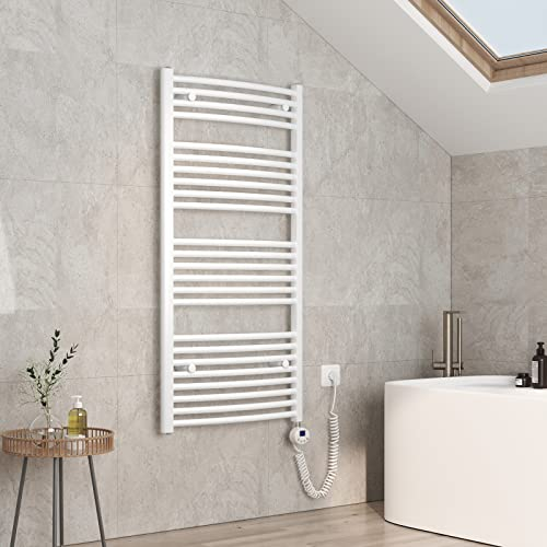 EMKE Scaldasalviette elettrico, 120 x 60 cm, curvo, termosifone elettrico con termostato, scaldasalviette con timer, bianco, 600 W