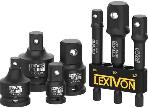 LEXIVON Juego de adaptadores de vasos de impacto, extensores, reductores y aumentadores de 7 piezas, conversiones de destornillador de impacto 1/4-3/8-1/2, protección contra corrosión (LX-109)