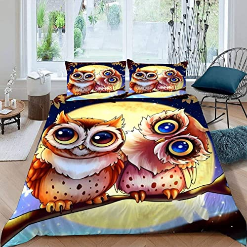 ALABOW Kawaii Eule Bettwäsche Set 135x200 cm 2teilig mit Reißverschluss Weiche und Angenehme Schlafkomfort Microfaser Bettbezug Mond Kinderbettwäsche mit Kissenbezug 80x80