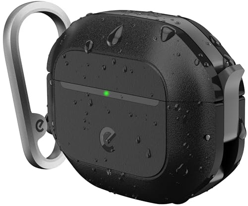 KeyBudz ElementProof für AirPods 3 Case mit Schloss, vollständig wasserdichtes AirPods 3. Generation Case, robuster Schutz, Hartschalenhülle, Karabiner für AirPods Gen 3 - Carbon Black Schwarz