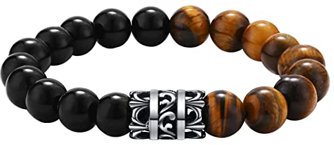 Flongo Herren Armband Rosenkranz mit Durchbrochenes Muster-Anhänger Perlen-Armband Tigerauge Stein mit Edelstahl 10MM Männer Armband Gelb Schwarz