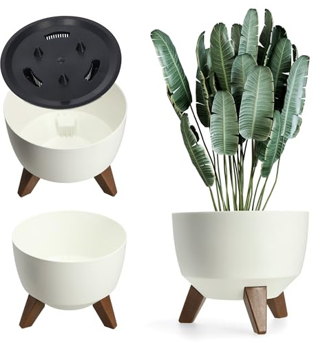 KADAX Blumentopf aus Kunststoff mit DREI Einsteckstützen, runde Blumenschale, Pflanzkübel, Blumenkübel, Pflanzschale für Balkon, Wohnzimmer (⌀ 33 cm, weiß)