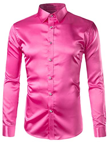 Pohullan Chemise en satin de soie pour homme - Coupe ajustée, rose rouge, XXL