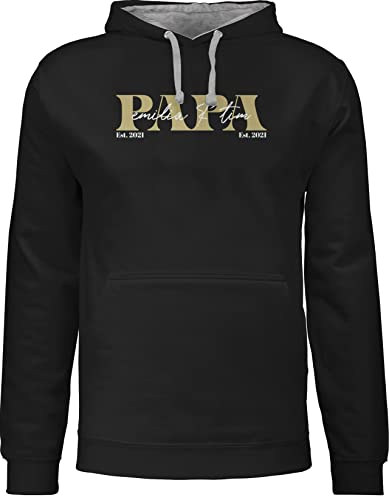 Pullover Herren Frauen Hoodie Kontrast zweifarbig - zum Vatertag - Papa Geschenk mit Namen Kinder Datum Geburtsjahr I Weihnachten I Geburtstag - M - Schwarz/Grau meliert - Vater Sohn Papa-Hoodie