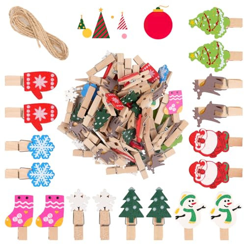 50 Stück Mini Weihnachten Holzklammern, 3.5cm holzklammern Klein, Weihnachten Wäscheklammern, Dekoklammern mit 2m Hanfseil, für Fotos Weihnachten Deko Postkarten