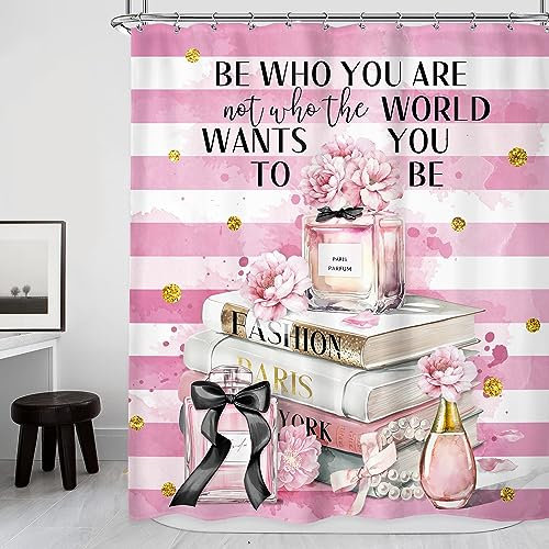 Riyidecor Rideau de douche rose 152,4 x 183 cm - Moderne - Belle mode - Pour femmes - Pois blancs - Rayure blanche - Magazine - Parfum floral - Décoration de salle de bain - Tissu polyester
