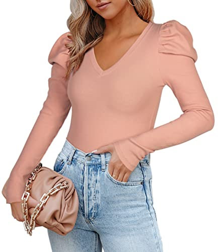 REORIA Body da Donna con Scollo a V e Maniche Lunghe a Coste Perizoma Dimagrante Body Top Rosa S
