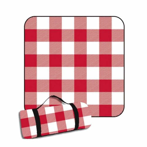 SHTGOI Karo-Picknickdecke 200 * 200cm Wasserdicht Wärmeisoliert Picknick Matte Sandfrei Stranddecke Tragbar Strandmatte mit Tragegriff Campingdecke für Outdoor Garten,Camping,Parks,Strand Rot